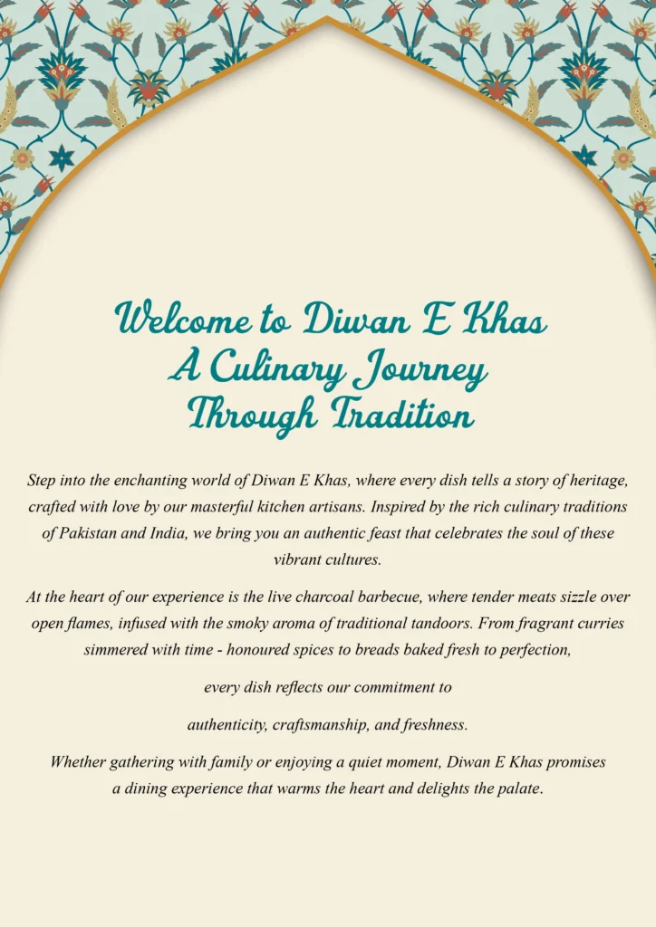 Halal Pakistani restaurant menu at Diwane Khas St Marys