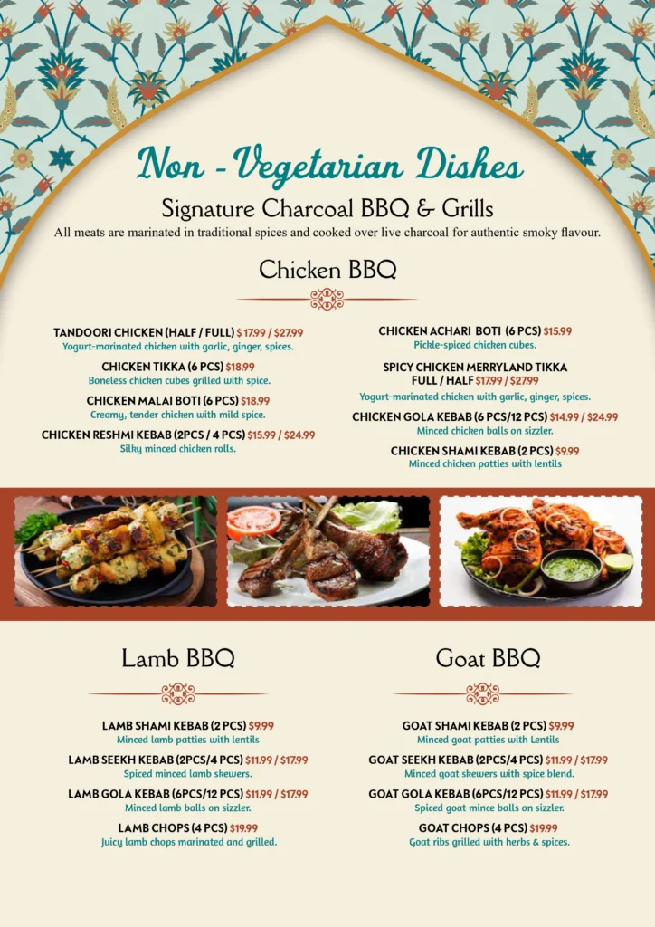 Halal Pakistani restaurant menu at Diwane Khas St Marys