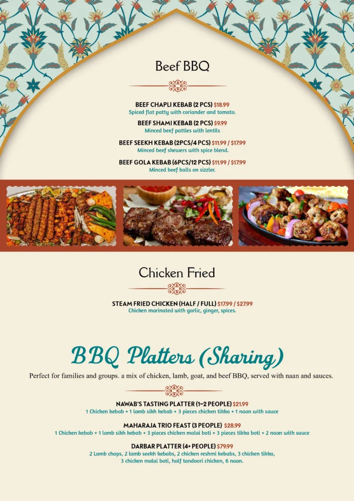 Halal Pakistani restaurant menu at Diwane Khas St Marys